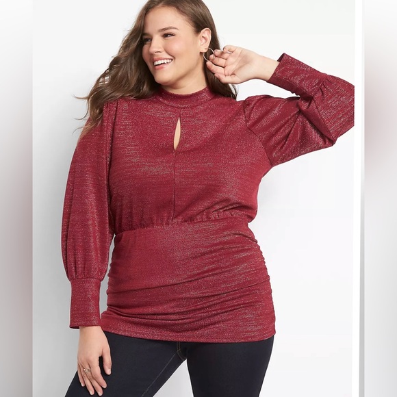 Lane Bryant Red/Burgundy Sparkle Mock Neck Top - Picture 1 of 8